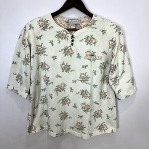 Vintage‎ Top zoomers Womens Medium Green Floral Short Sleeve Boho Cottagecore